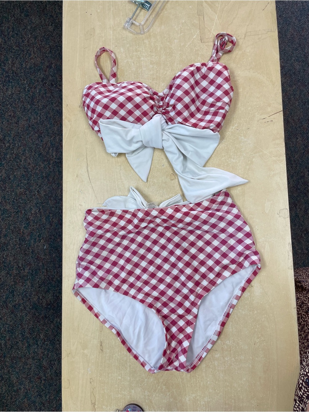 Unique Vintage Red and White Gingham High-Waist Bikini Set with Bow